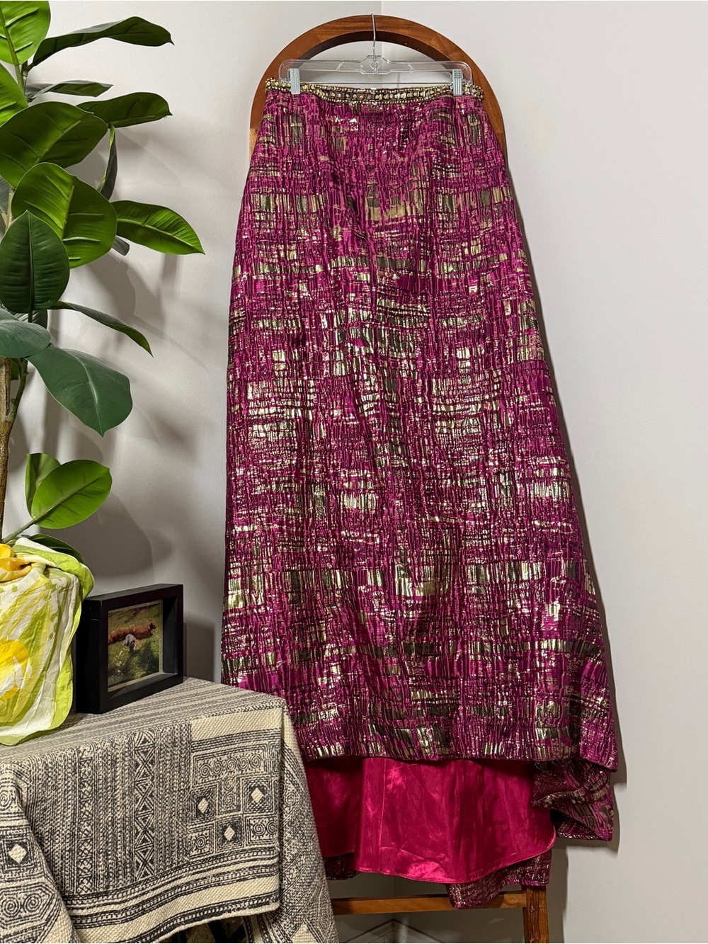 MacDuggal 14W Fuschia Pink Metallic High Low Jeweled Waist Maxi Skirt NEW